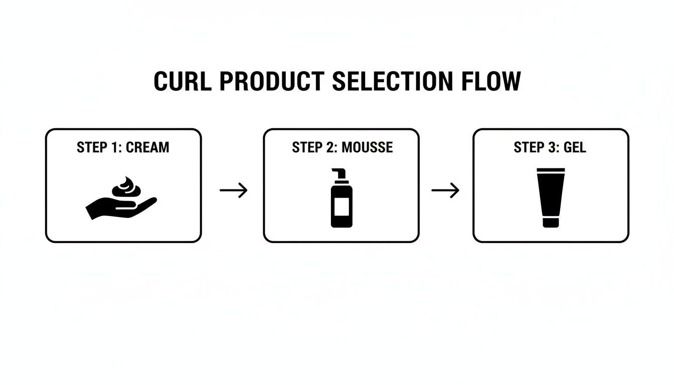 Flowchart showing a curl product selection sequence: Step 1 Cream, Step 2 Mousse, and Step 3 Gel.