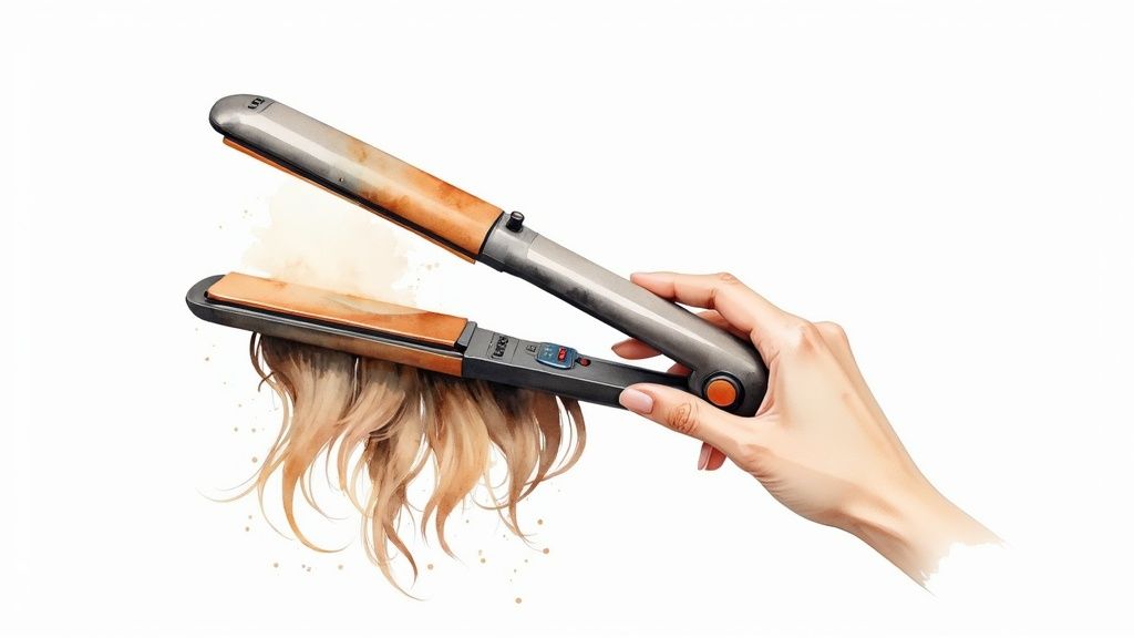 A hand using a hair straightener on a section of blonde hair, illustrated in a watercolor style.