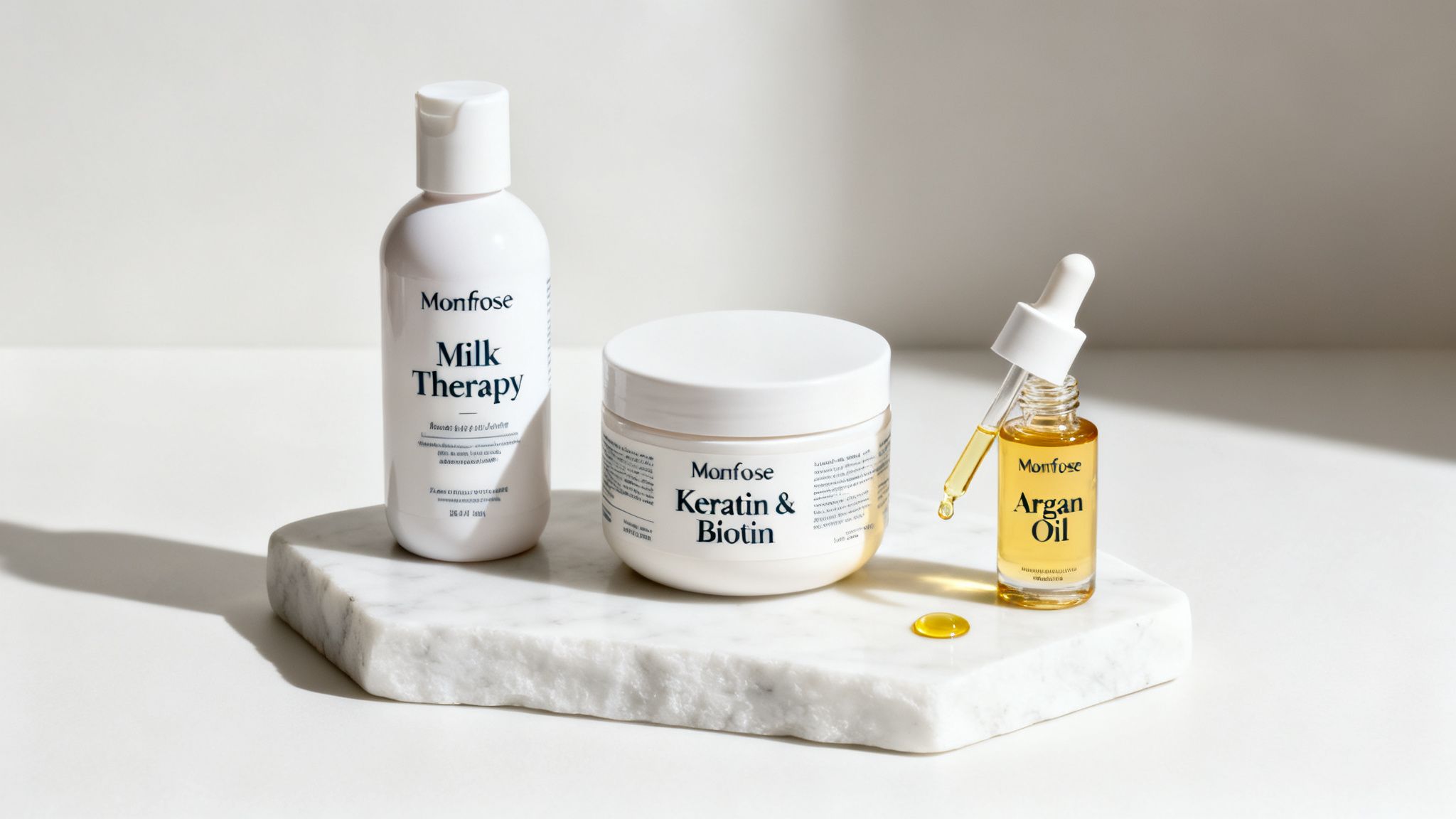 Three Monfrose hair care products: Milk Therapy, Keratin & Biotin, and Argan Oil on marble.