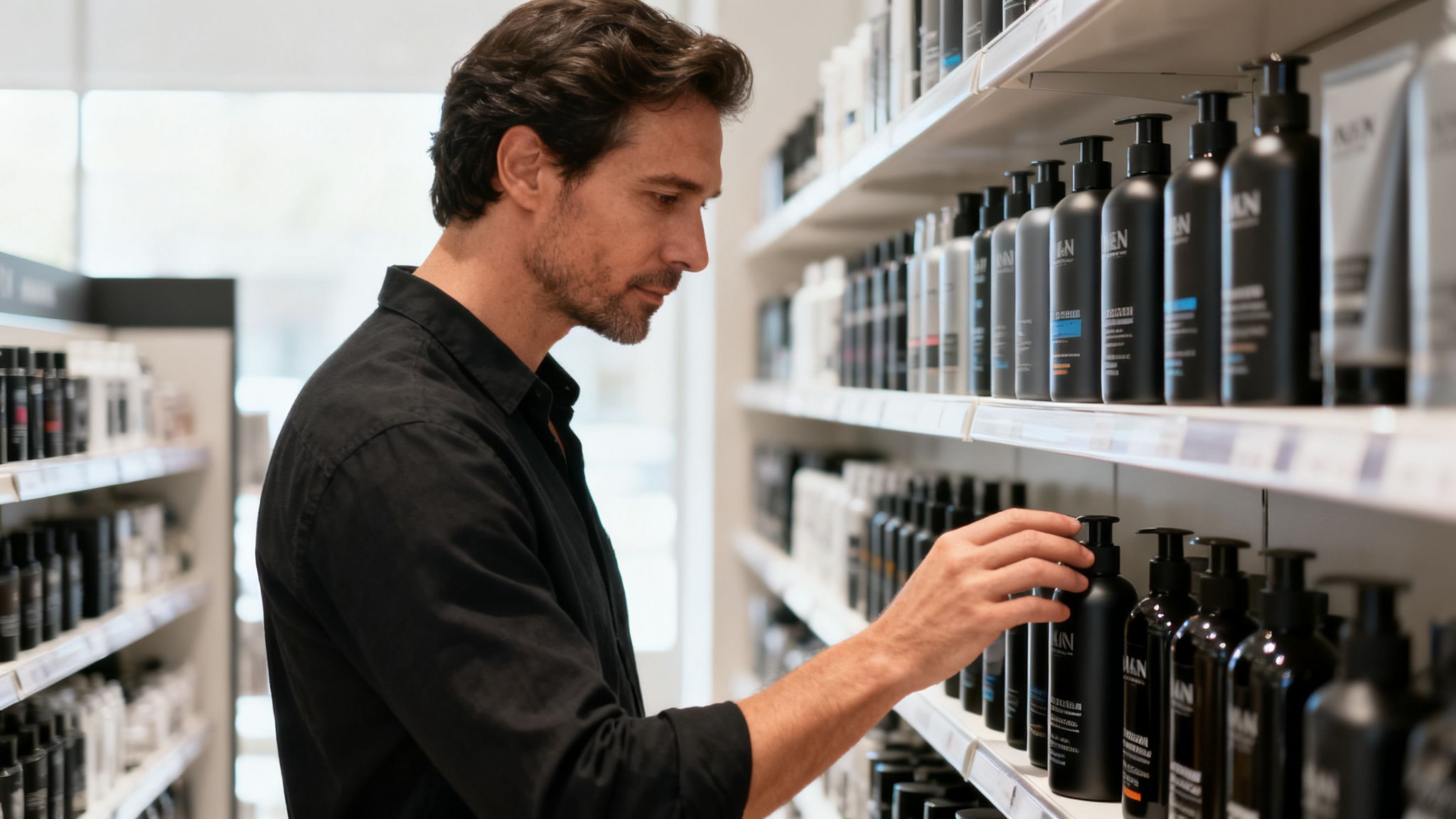 A man in a store selecting black pump bottles of hair products from a shelf.