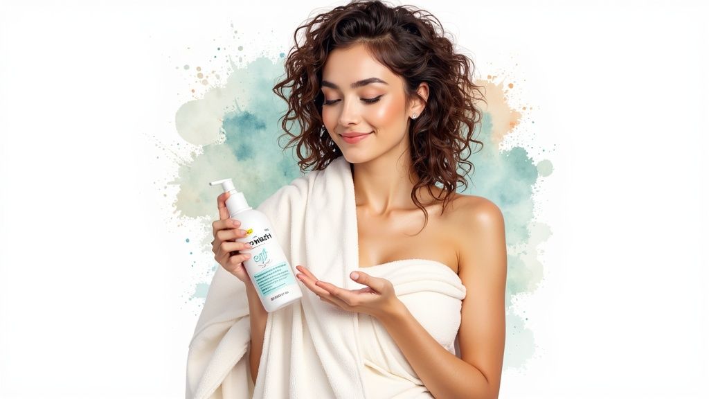 A woman with natural hair, wrapped in a towel, smiling in a well-lit bathroom after her hair treatment.