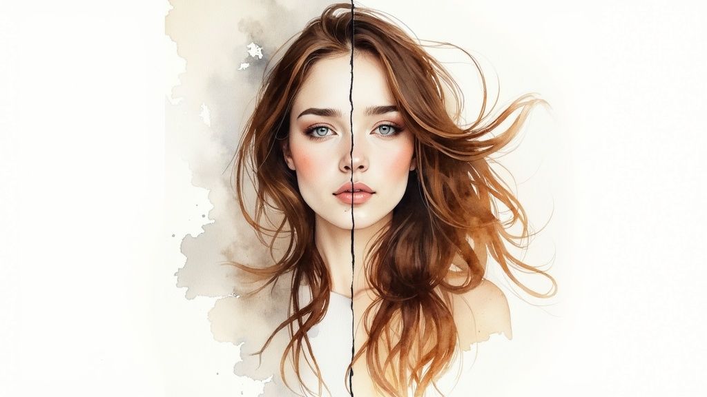 Person applying a hair mask to long, flowing hair