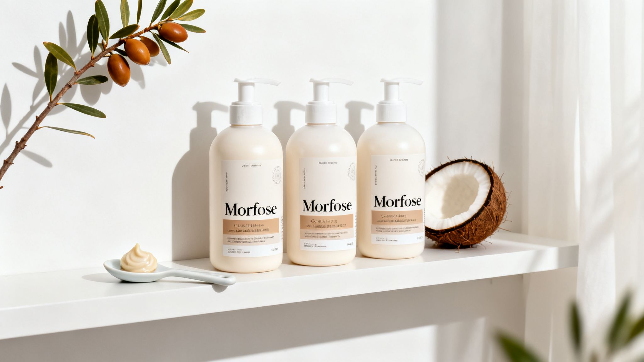 Three Morfose conditioner bottles, a coconut, and argan nuts on a white shelf with natural light.