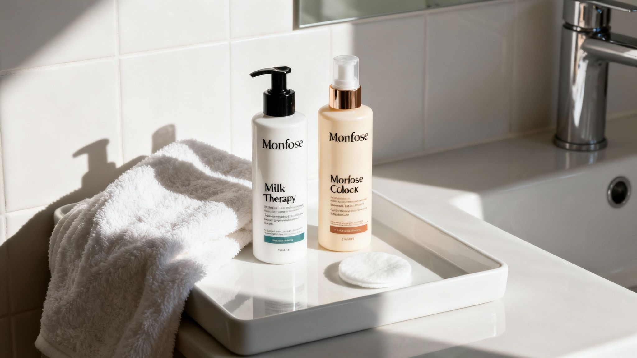 Two Monfose cosmetic bottles, a soft white towel, and cotton pad on a bathroom sink vanity.