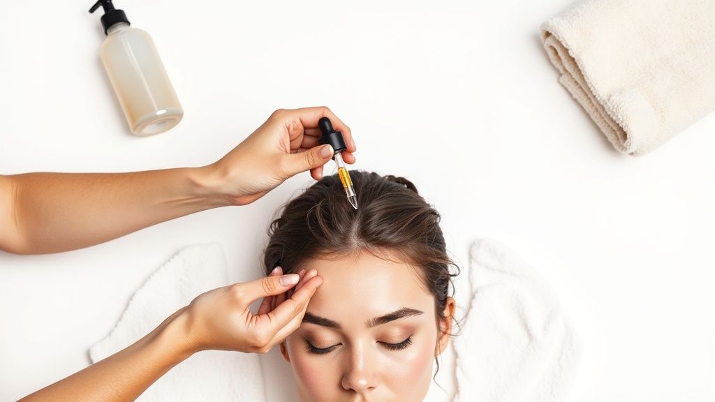 Overhead view of a person getting hair growth serum applied to their scalp.