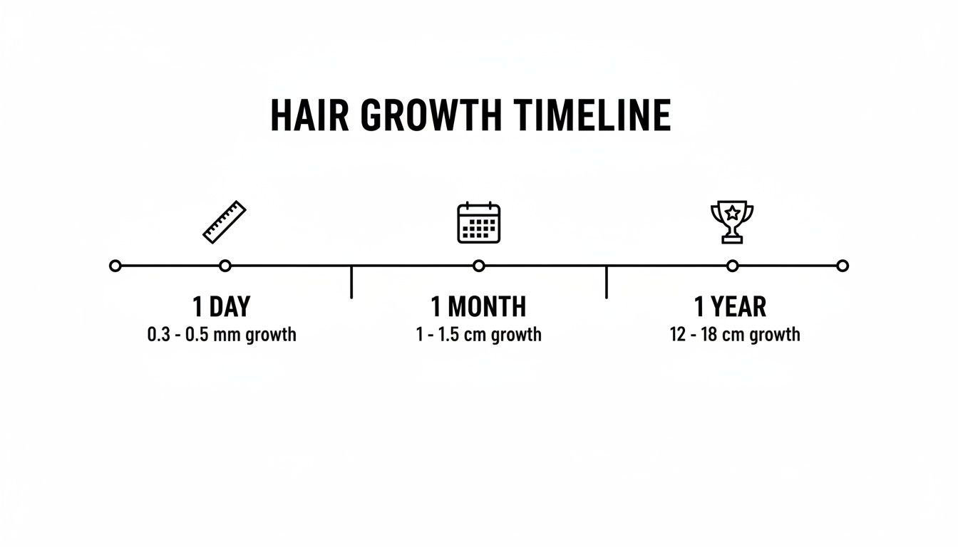 A hair growth timeline infographic showing expected growth over one day, one month, and one year.