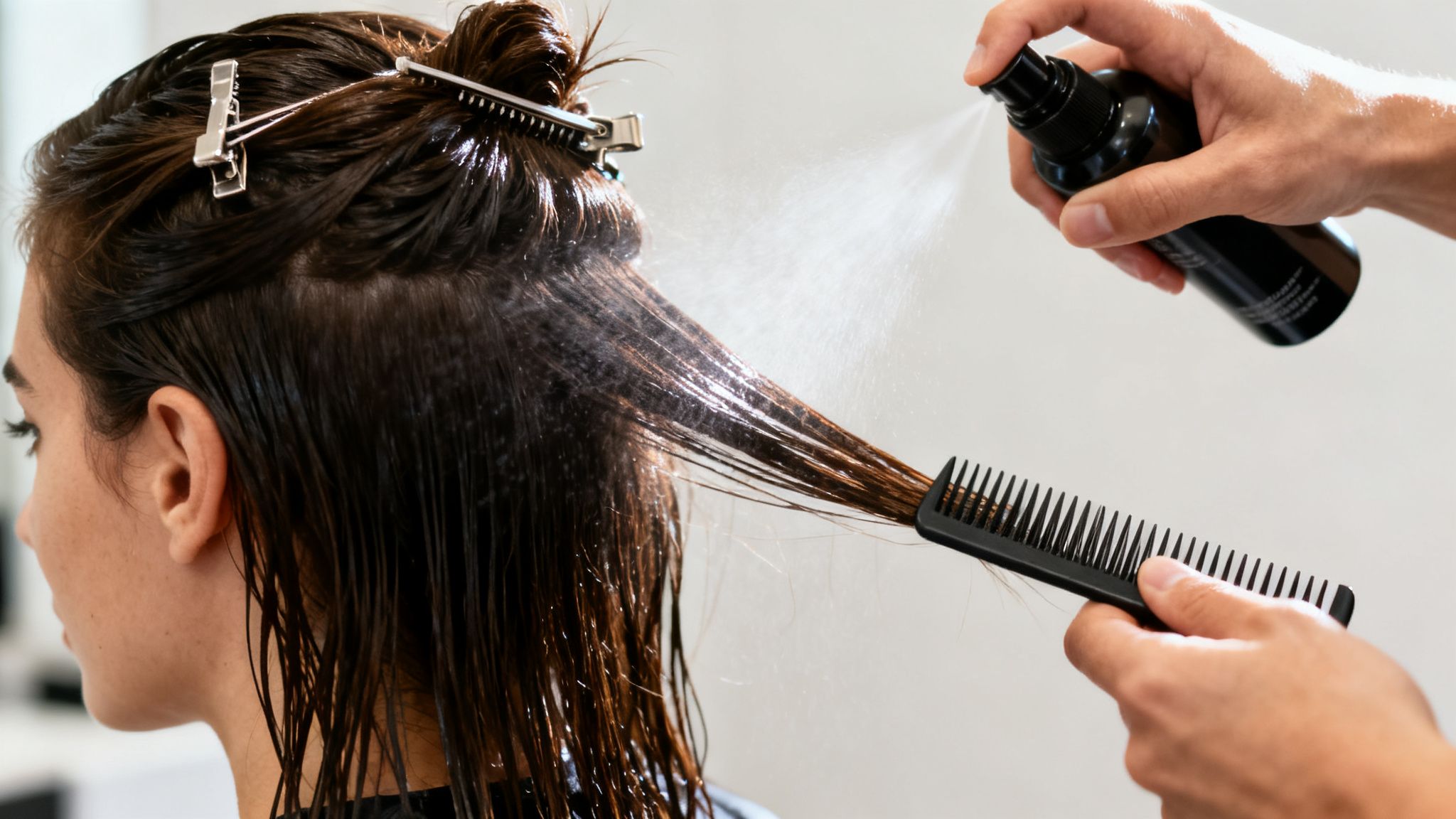A person's hair being sprayed with heat protectant while being combed at a salon.