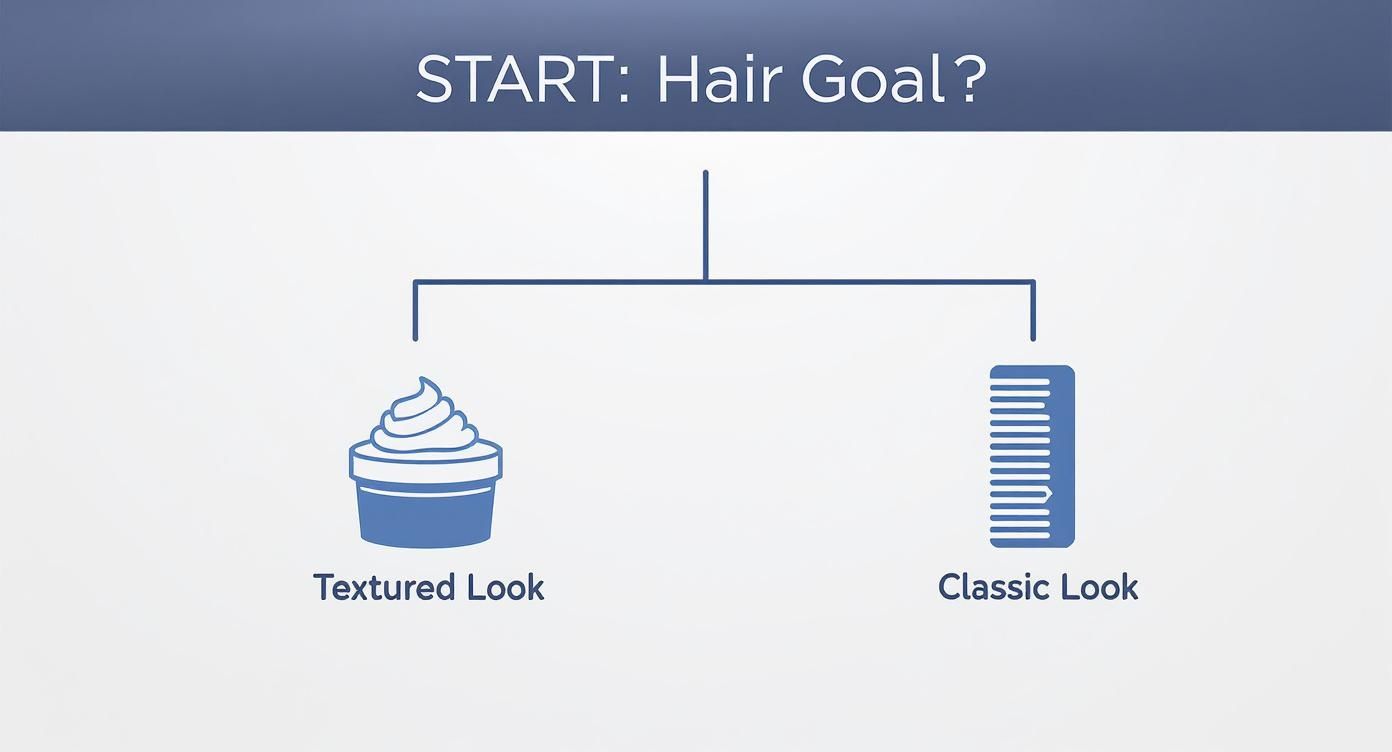Flowchart asking 'Hair Goal?' with options: Textured Look (pomade icon) or Classic Look (comb icon).