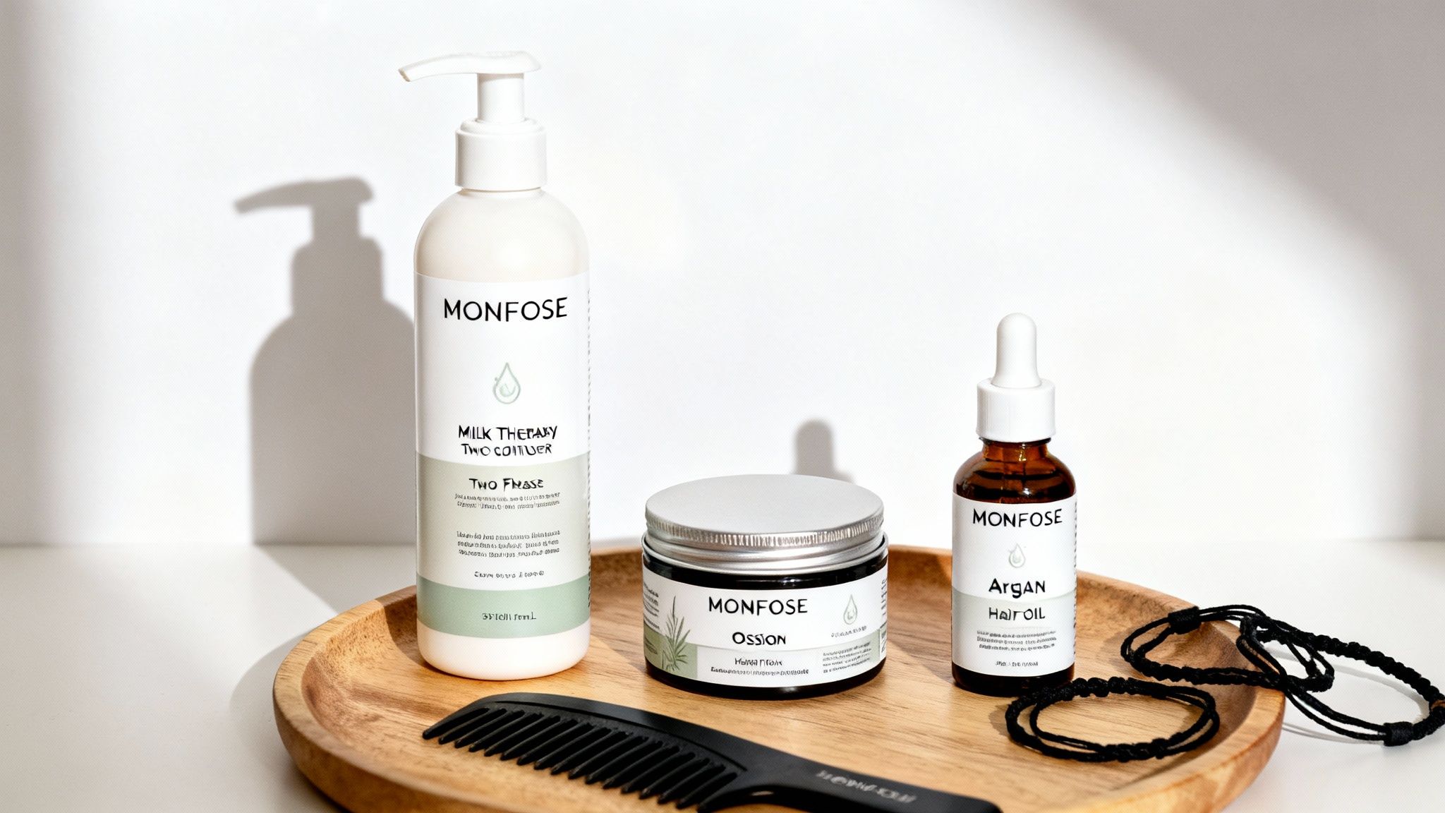 Monfose hair care products and accessories, including lotion, cream, oil, comb, and hair ties on a wooden tray.