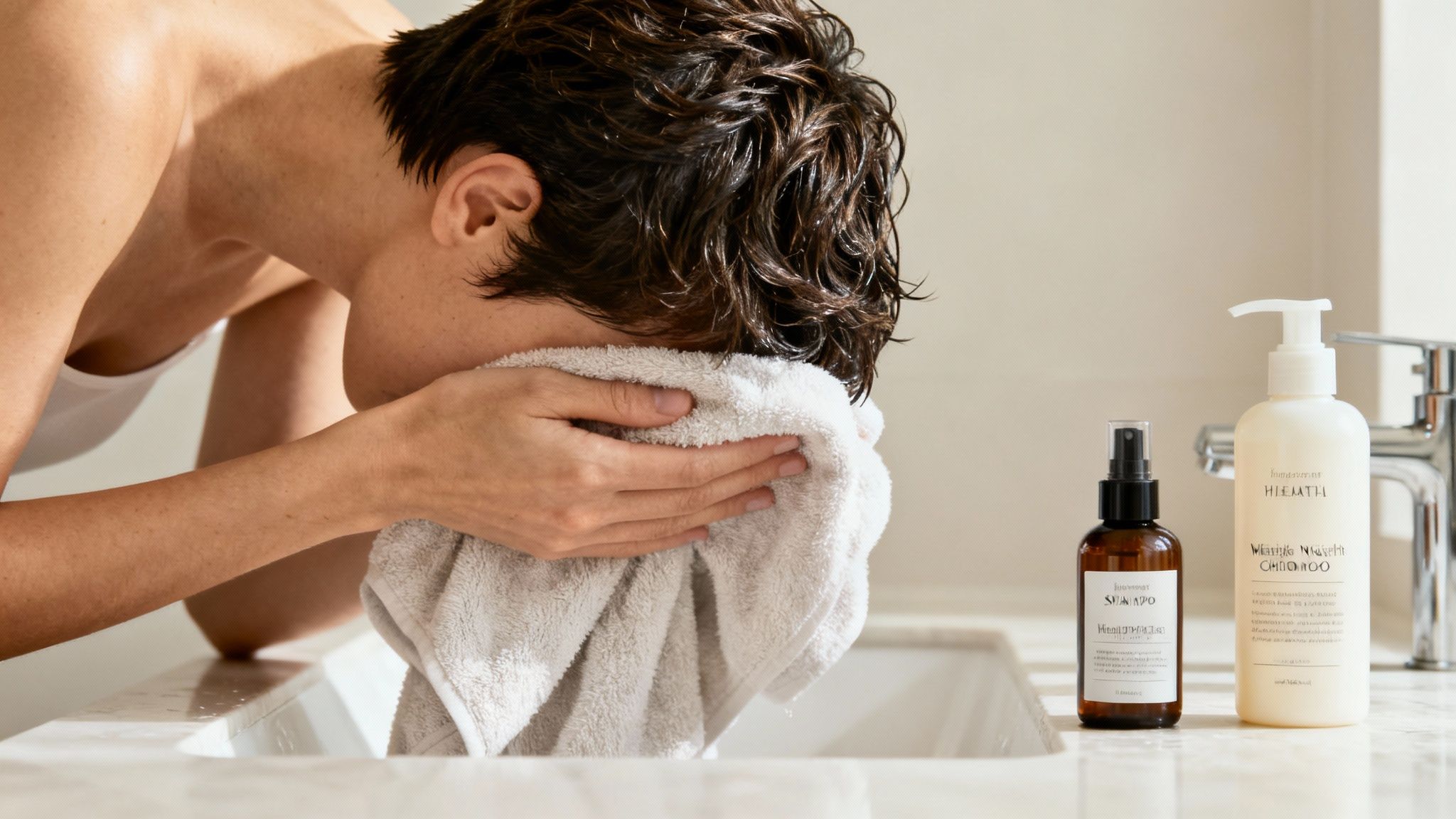 A person with wet, short hair drying their face with a towel next to bathroom products.