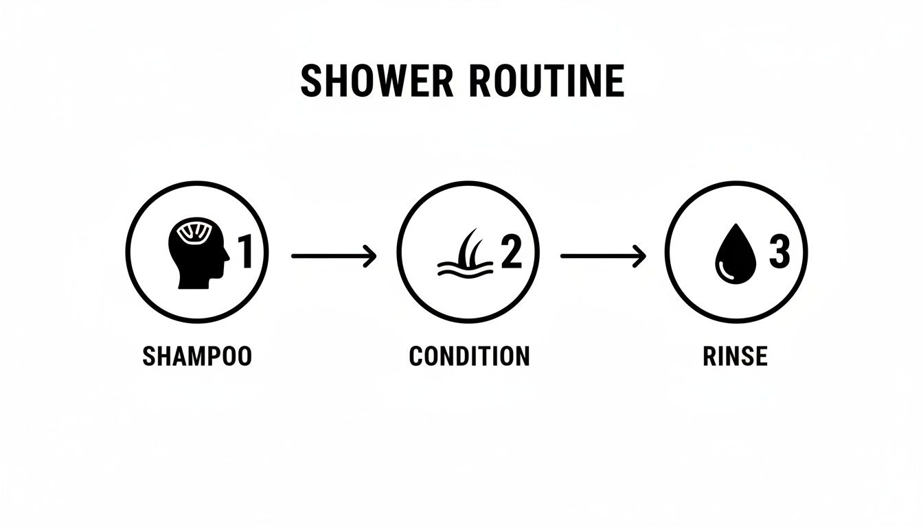 A graphic illustrating a three-step shower routine: shampoo, condition, and rinse for hair care.