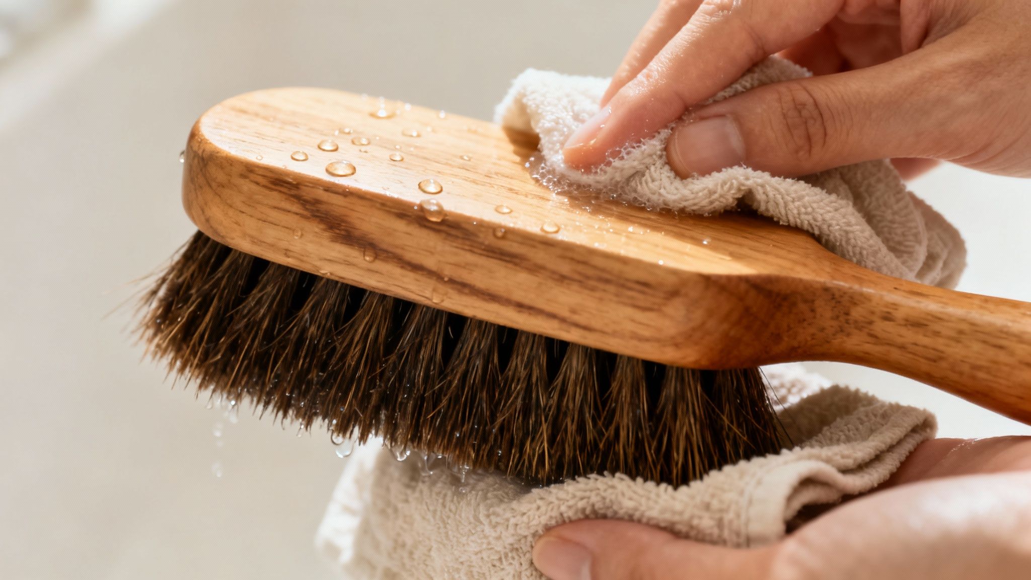 A person cleaning a wet wooden hair brush with dark bristles using a small, light towel.