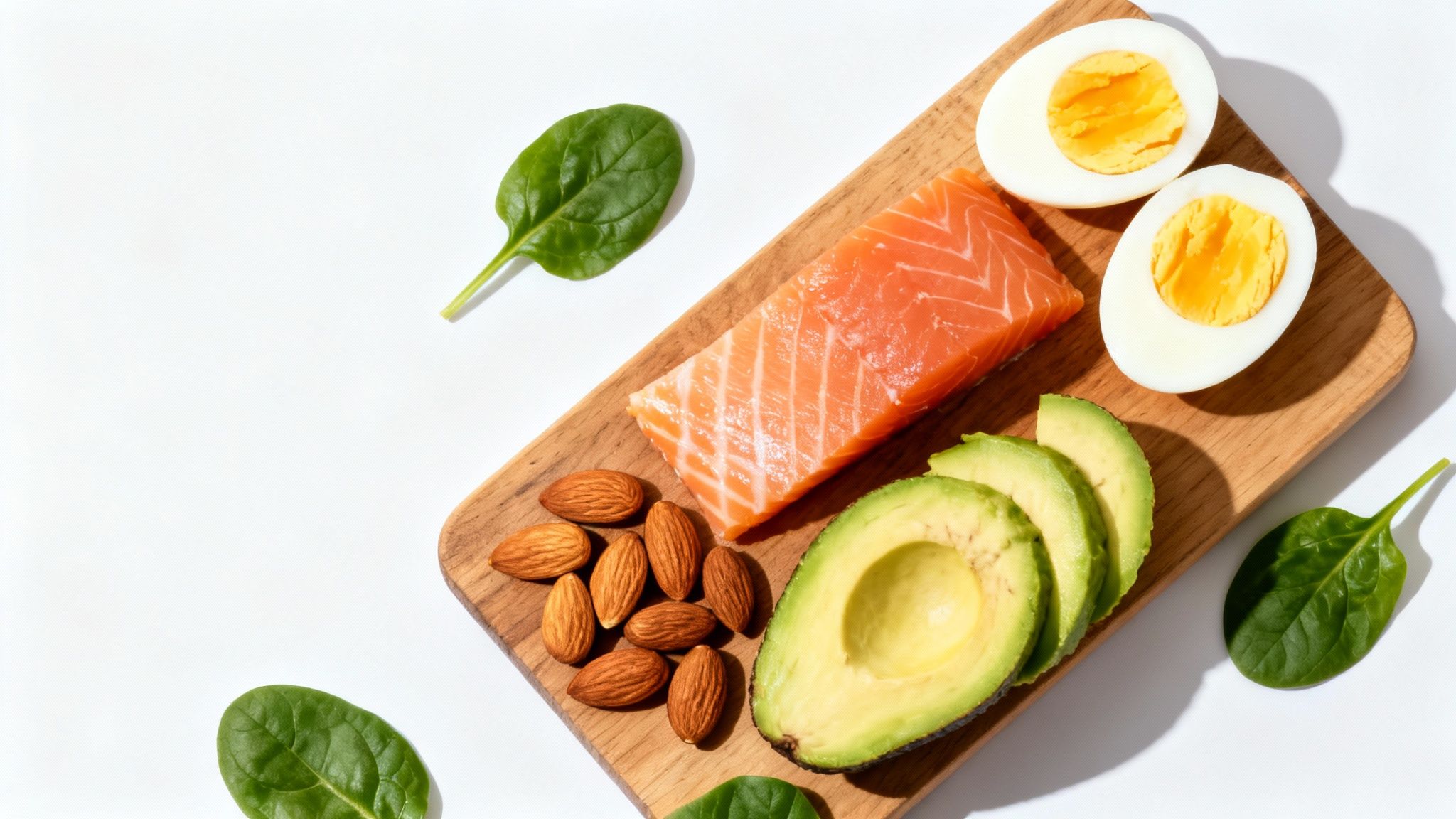 A wooden board with salmon, sliced avocado, hard-boiled eggs, and almonds, with spinach leaves.