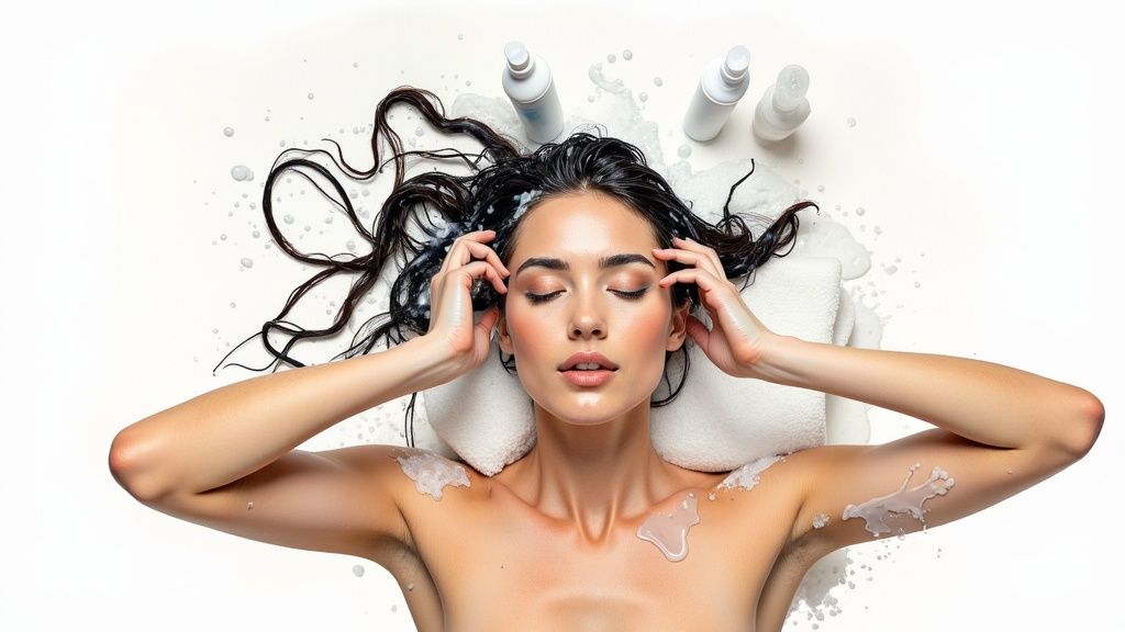 Woman with wet, dark hair and a hair mask, eyes closed, surrounded by shampoo bottles and splashes.