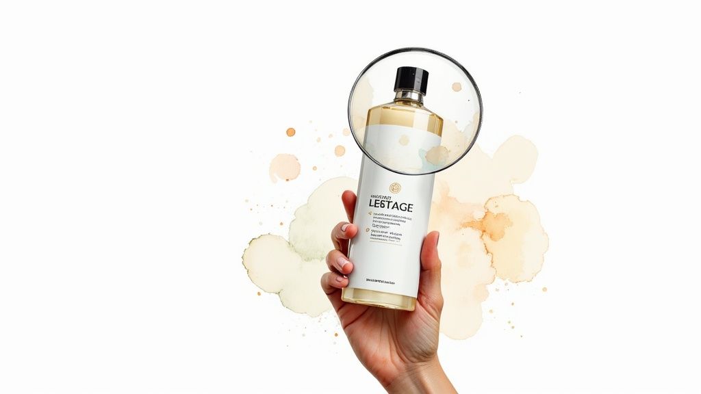 A hand holds a white bottle of Enrichpetti L'Estage shampoo with a black cap, magnified top.