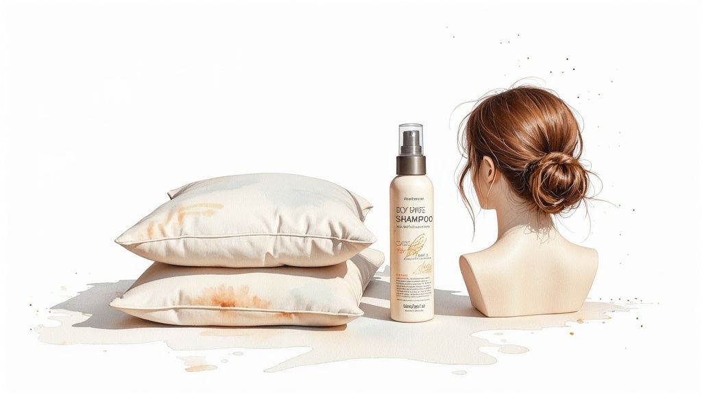 Dry shampoo bottle next to stained pillows and a mannequin with a hair bun, illustrating hair care.