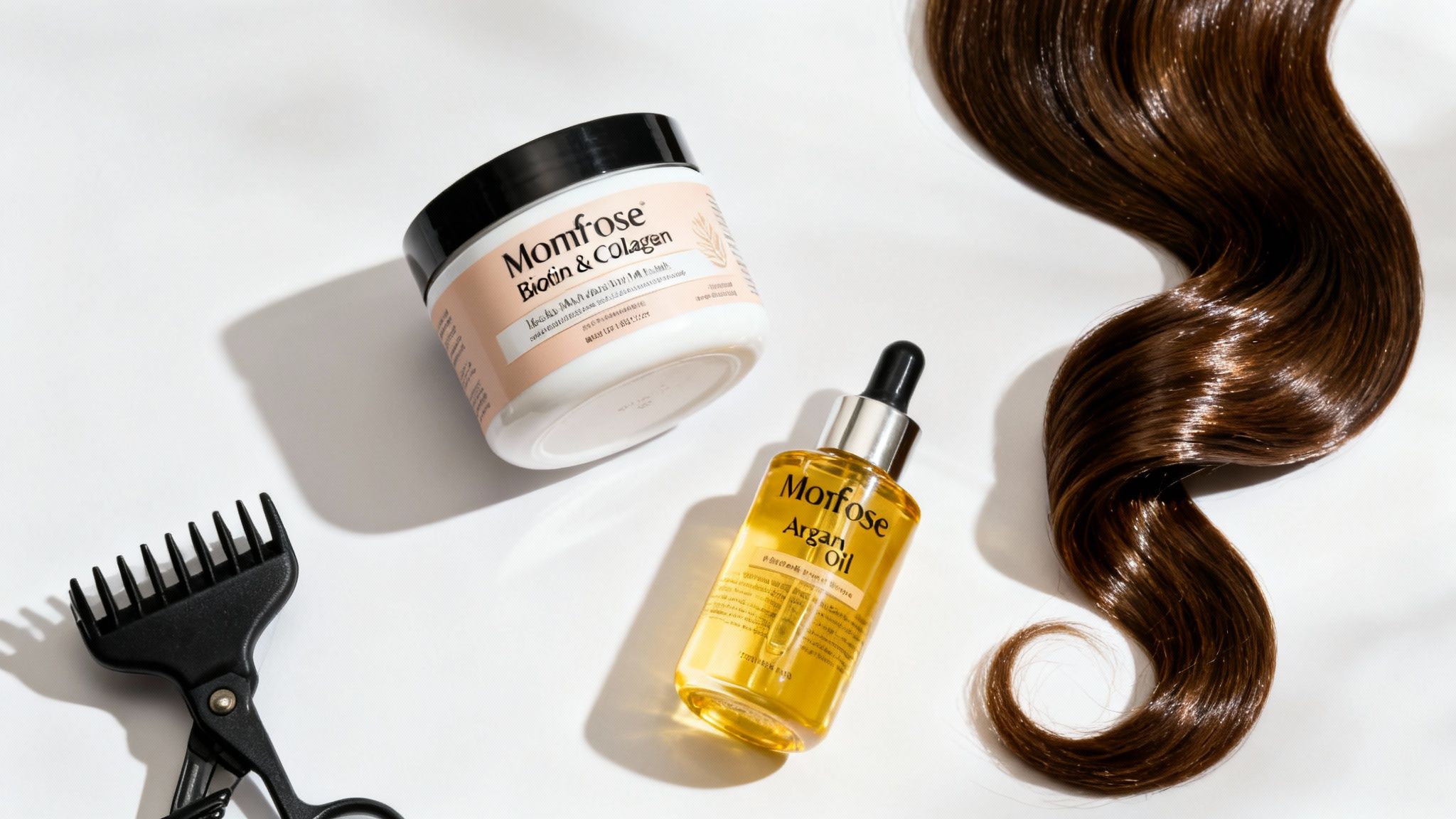 Hair care products including Morfose Biotin & Collagen, Argan Oil, a comb, and shiny brown hair.