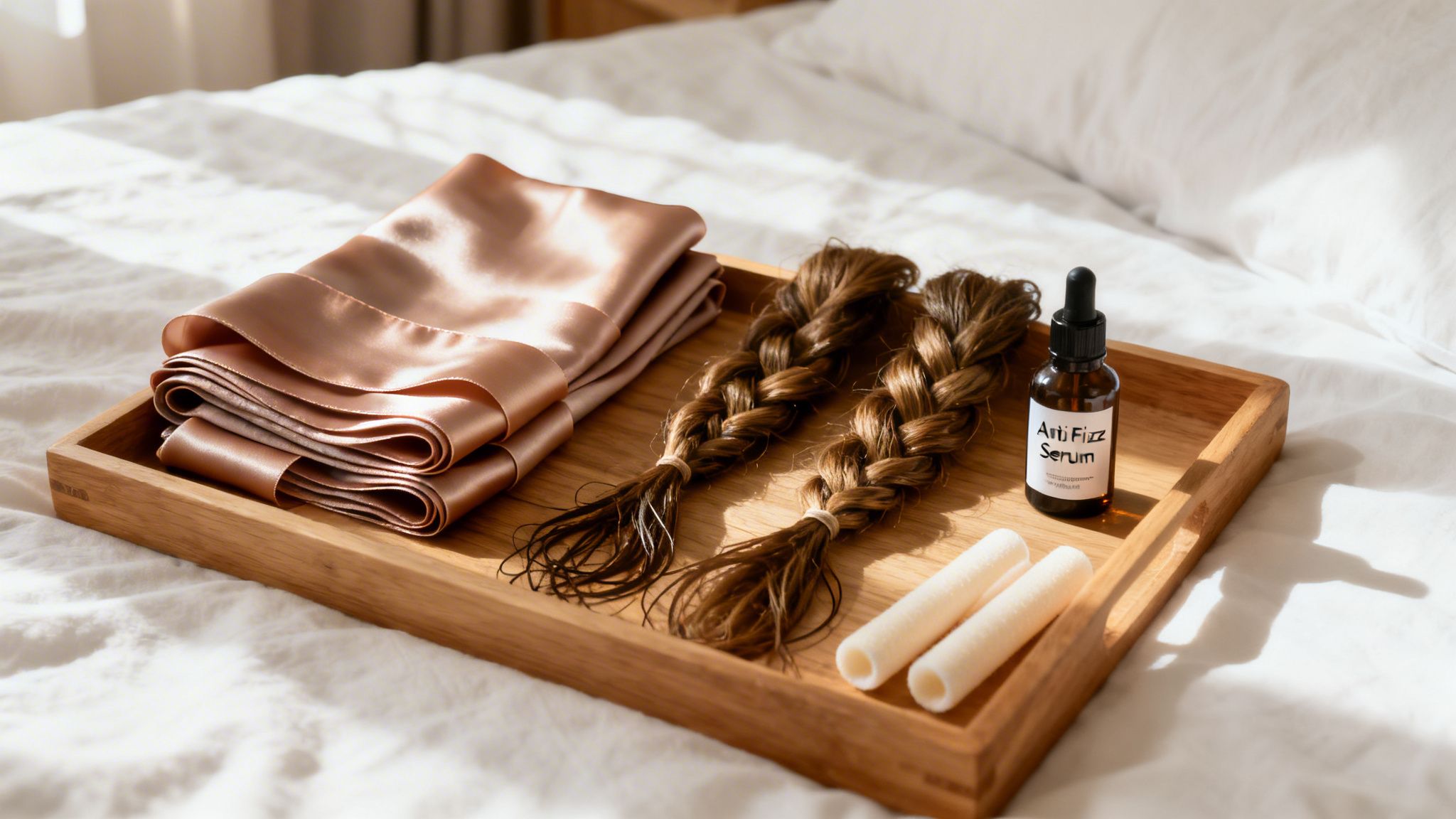 A wooden tray on a white bed with satin fabric, braided hair, anti-frizz serum, and hair rollers.