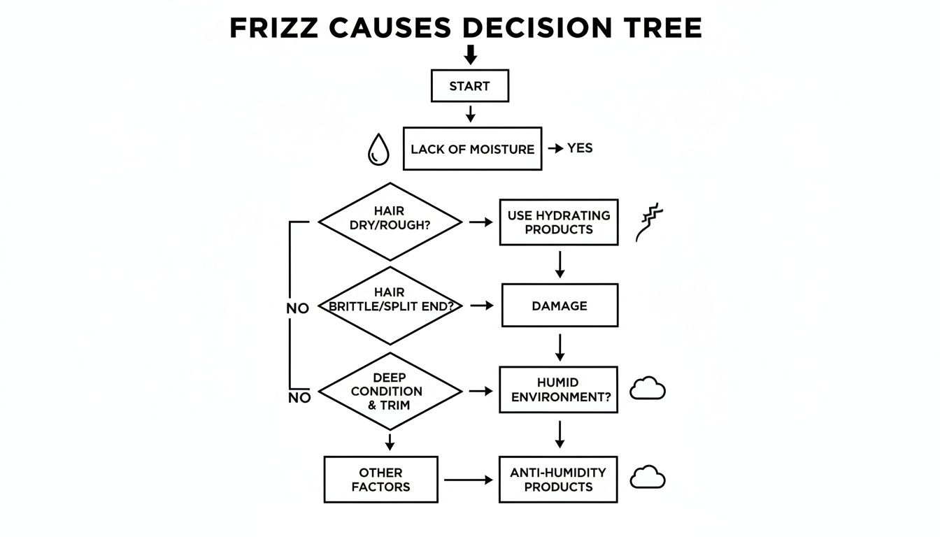 Flowchart detailing the causes of frizzy hair, including lack of moisture, damage, and humidity.