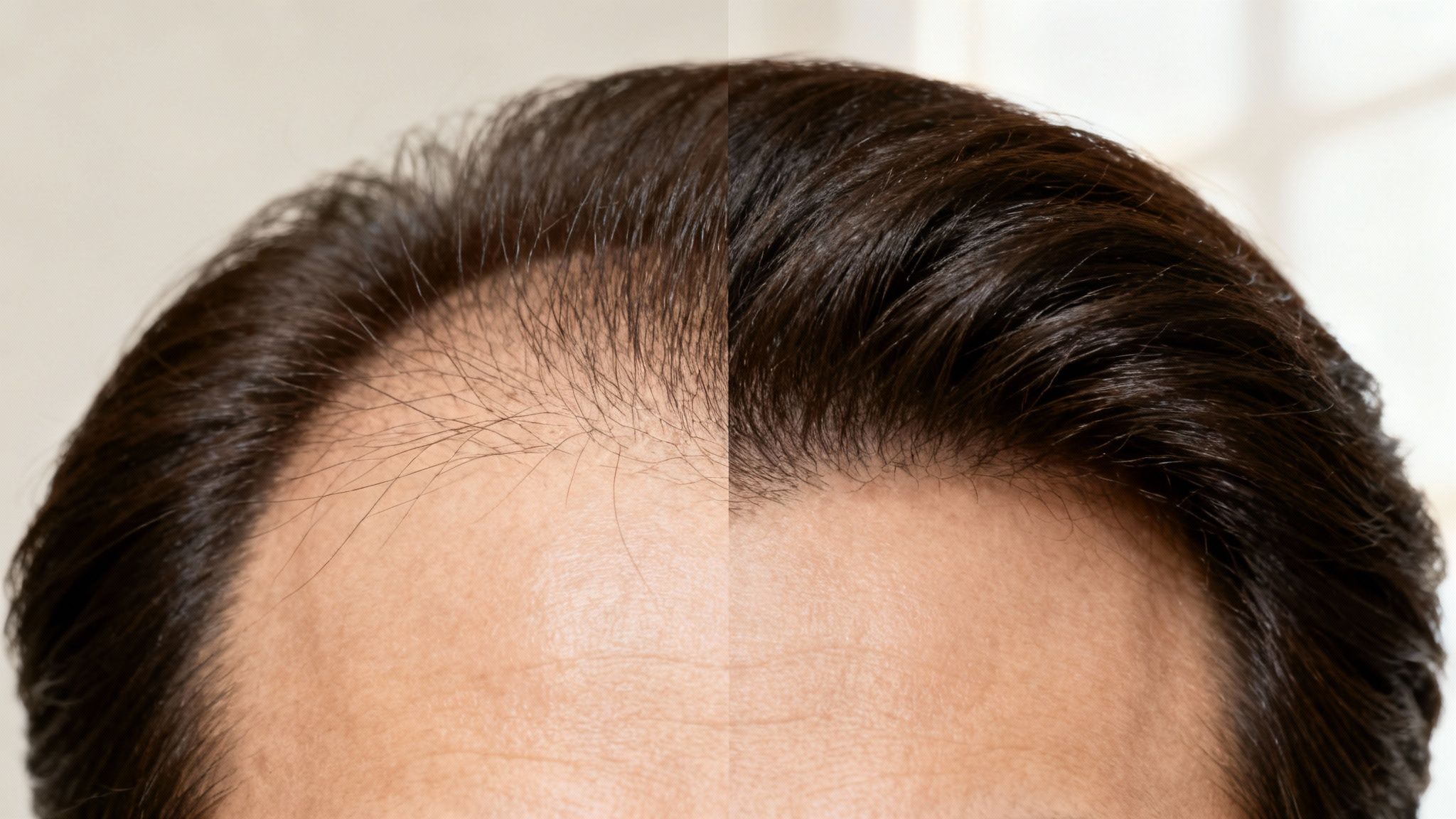 Close-up comparing sparse hair loss on one side to dense hair regrowth on the other.