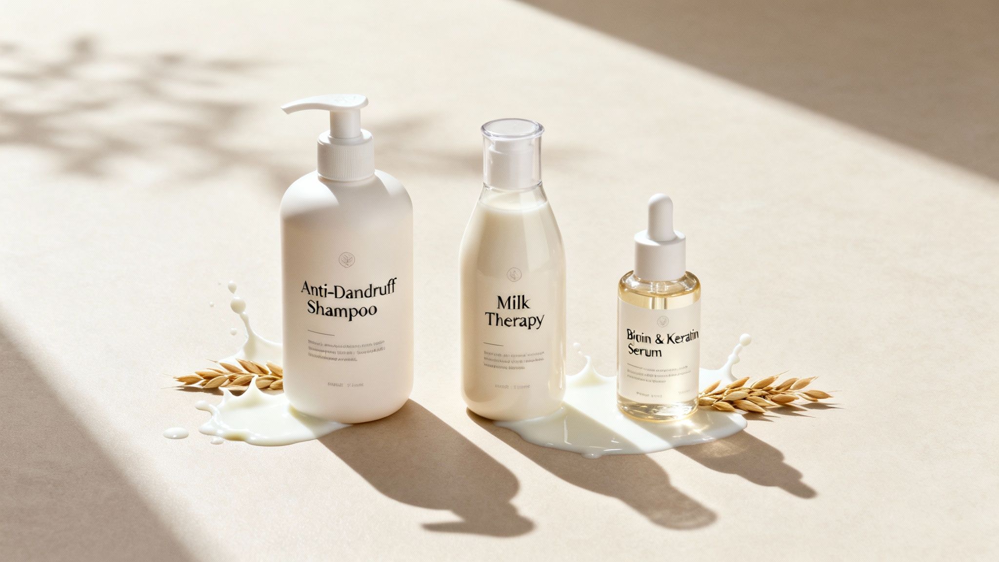 Three hair care products: anti-dandruff shampoo, milk therapy, and biotin & keratin serum, surrounded by oat stalks and milk splashes.