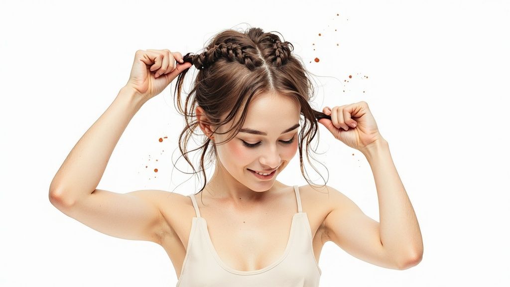A smiling woman with braided brown hair adjusts her pigtails, wearing a tank top.