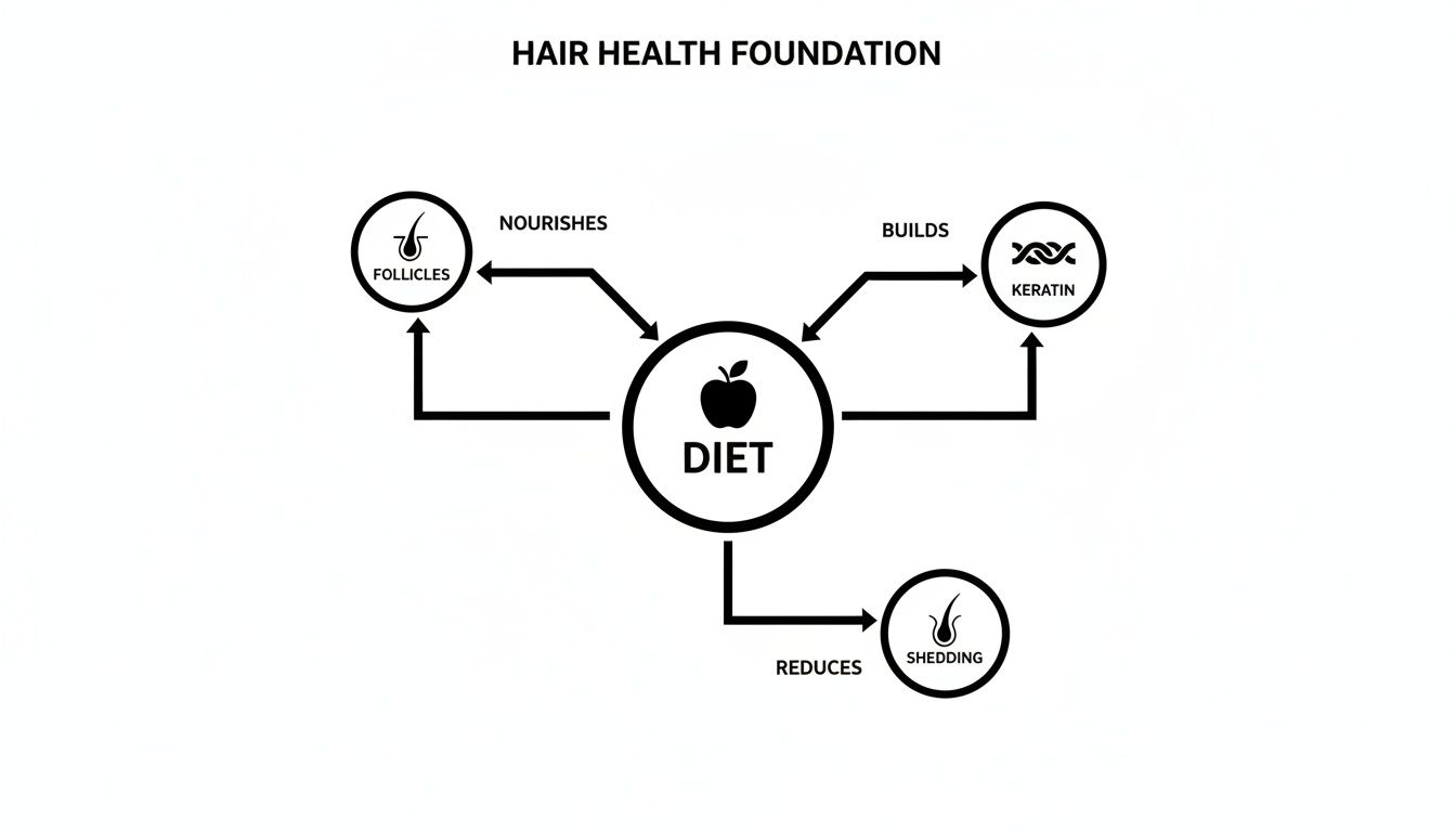 Diagram showing how diet nourishes follicles, builds keratin, and reduces shedding for healthy hair.