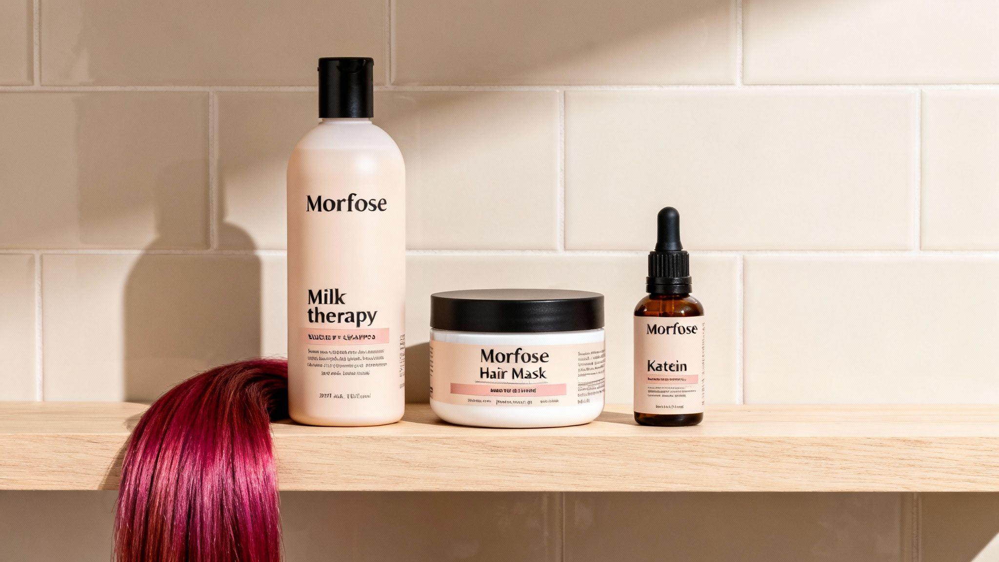Three Morfose hair care products and a vibrant red hair strand on a wooden shelf.