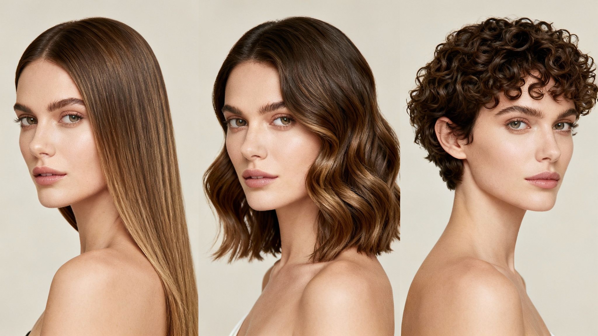 Three women showcase different healthy hair types: long straight, wavy bob, and short curly.