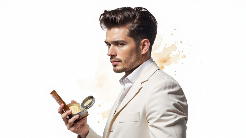 A stylish man with thick, dark hair holds a tin of pomade and a comb, preparing his hairstyle.