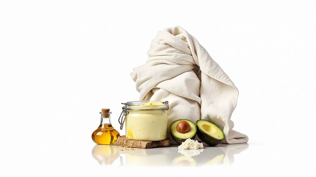 Natural ingredients for a hair mask, including avocado, oil, and a creamy substance.