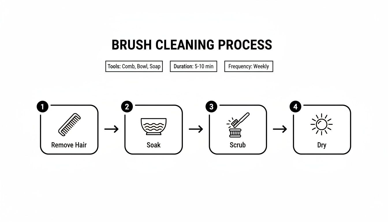 An infographic detailing a four-step process to clean hair brushes: remove hair, soak, scrub, and dry.