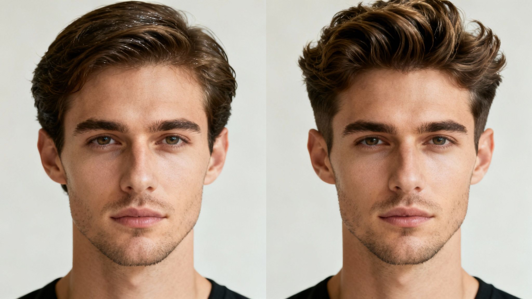 Side-by-side comparison of a man with slicked-back medium hair versus wavy, textured medium hair.