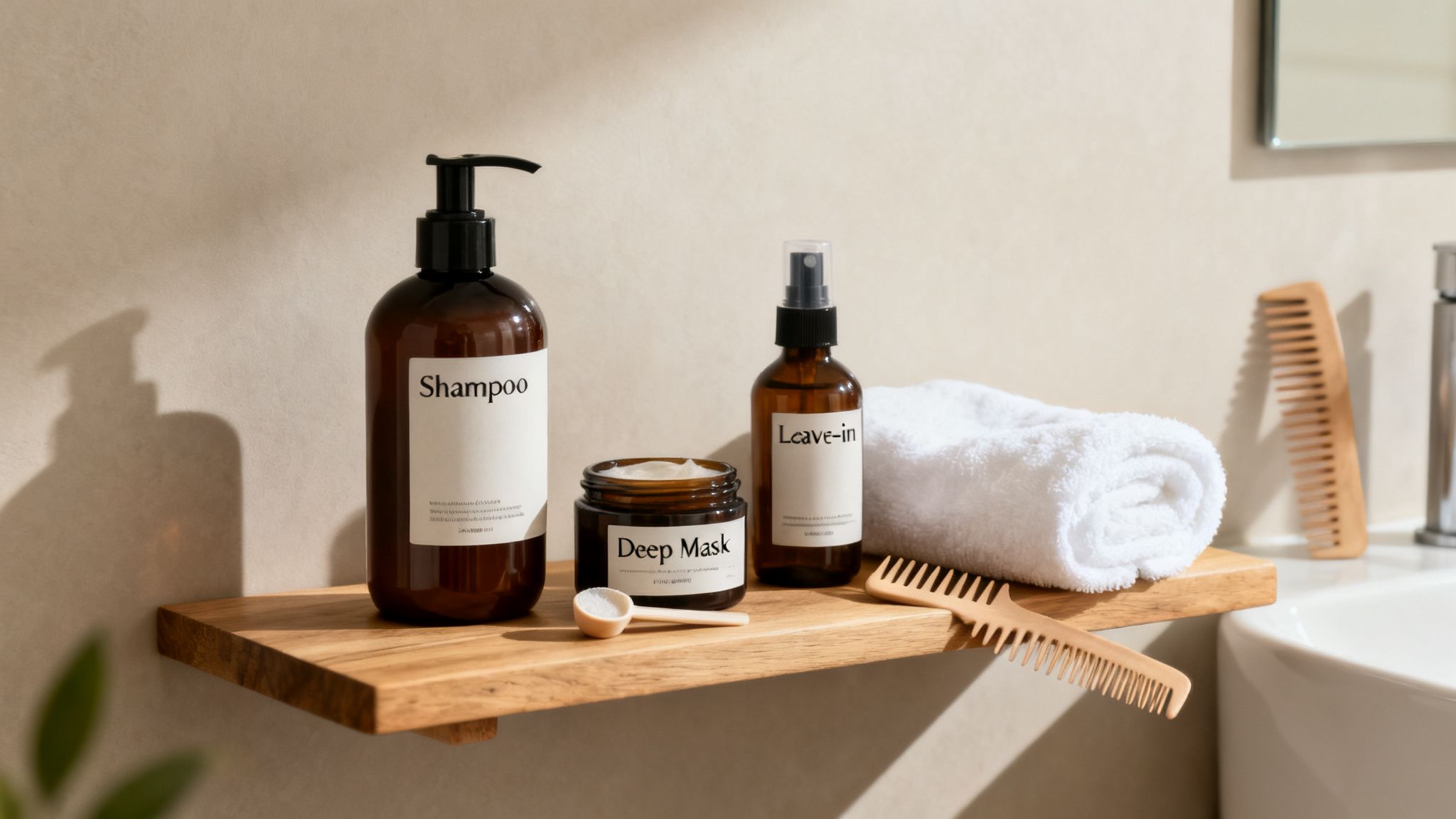 A wooden shelf holds shampoo, deep mask, leave-in spray, a towel, and a comb in a bathroom.