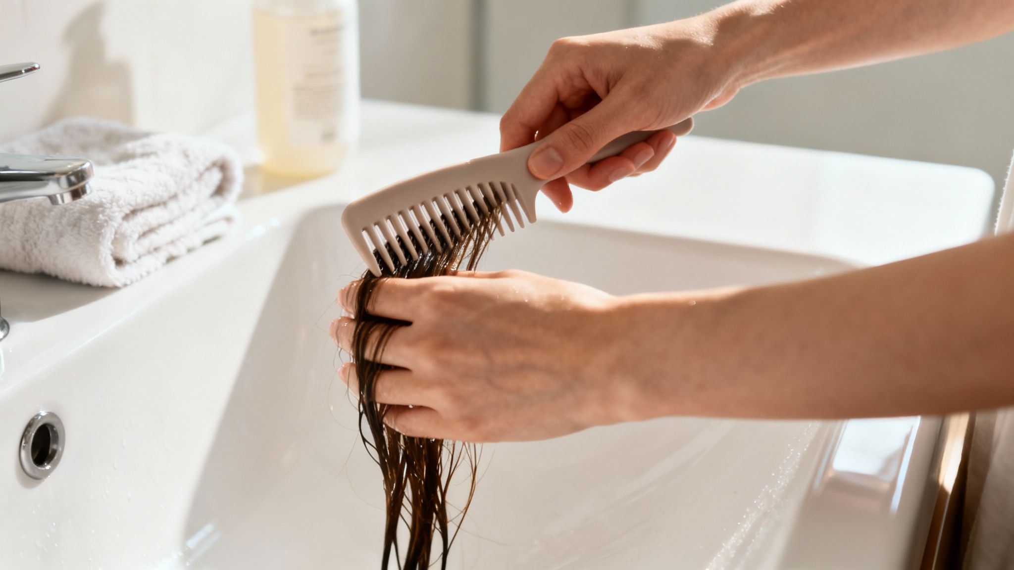 A person's hands are combing wet hair with a wide-tooth comb in a bathroom sink.