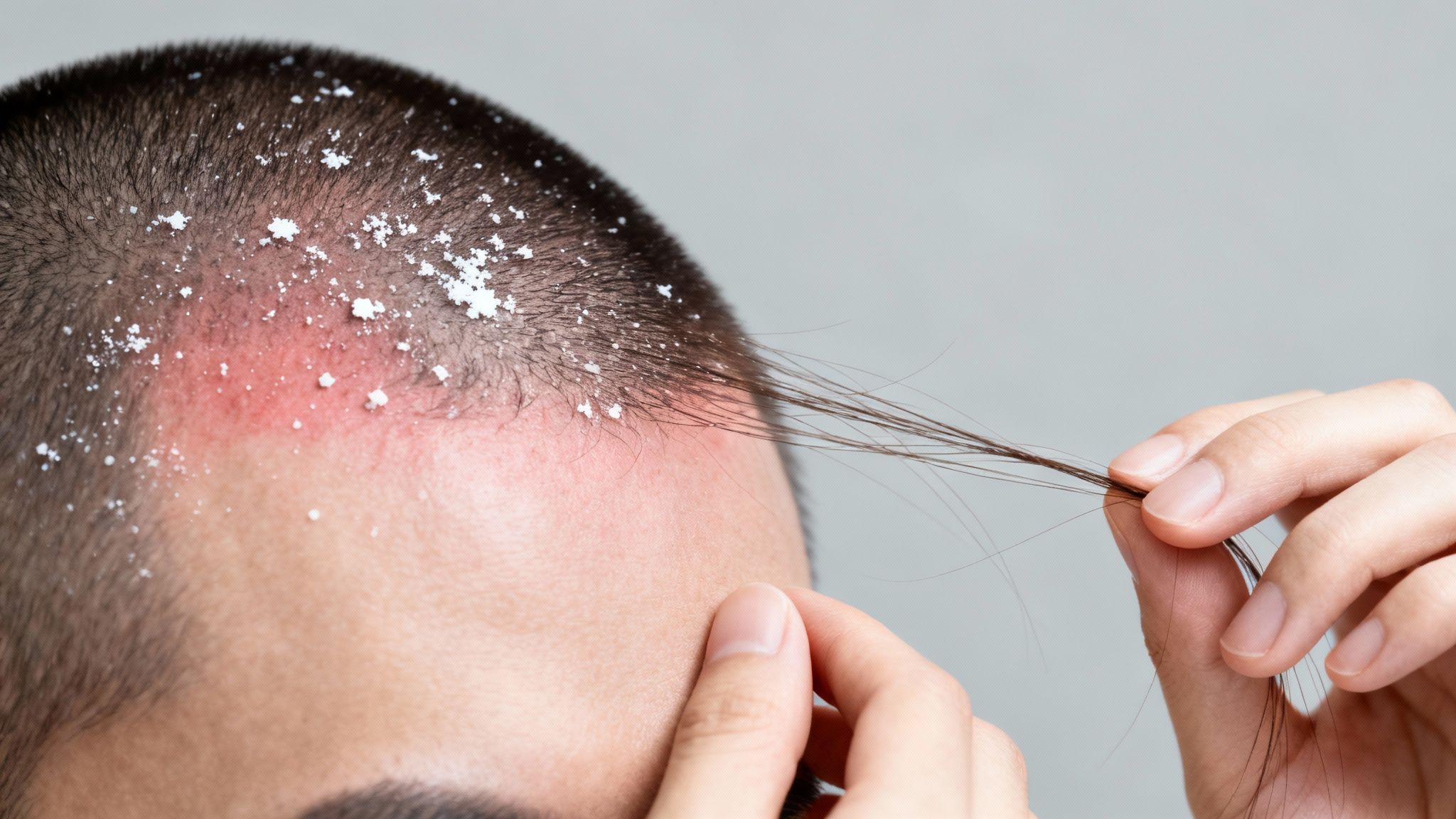 Close-up of a person's scalp with severe dandruff, redness, and hair loss being held by hand.