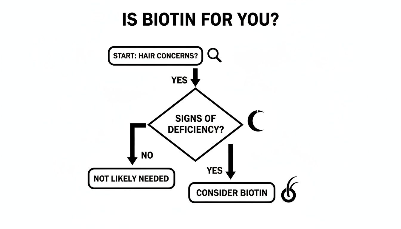 Flowchart answering 'Is Biotin for you?', guiding users based on hair concerns and deficiency signs.