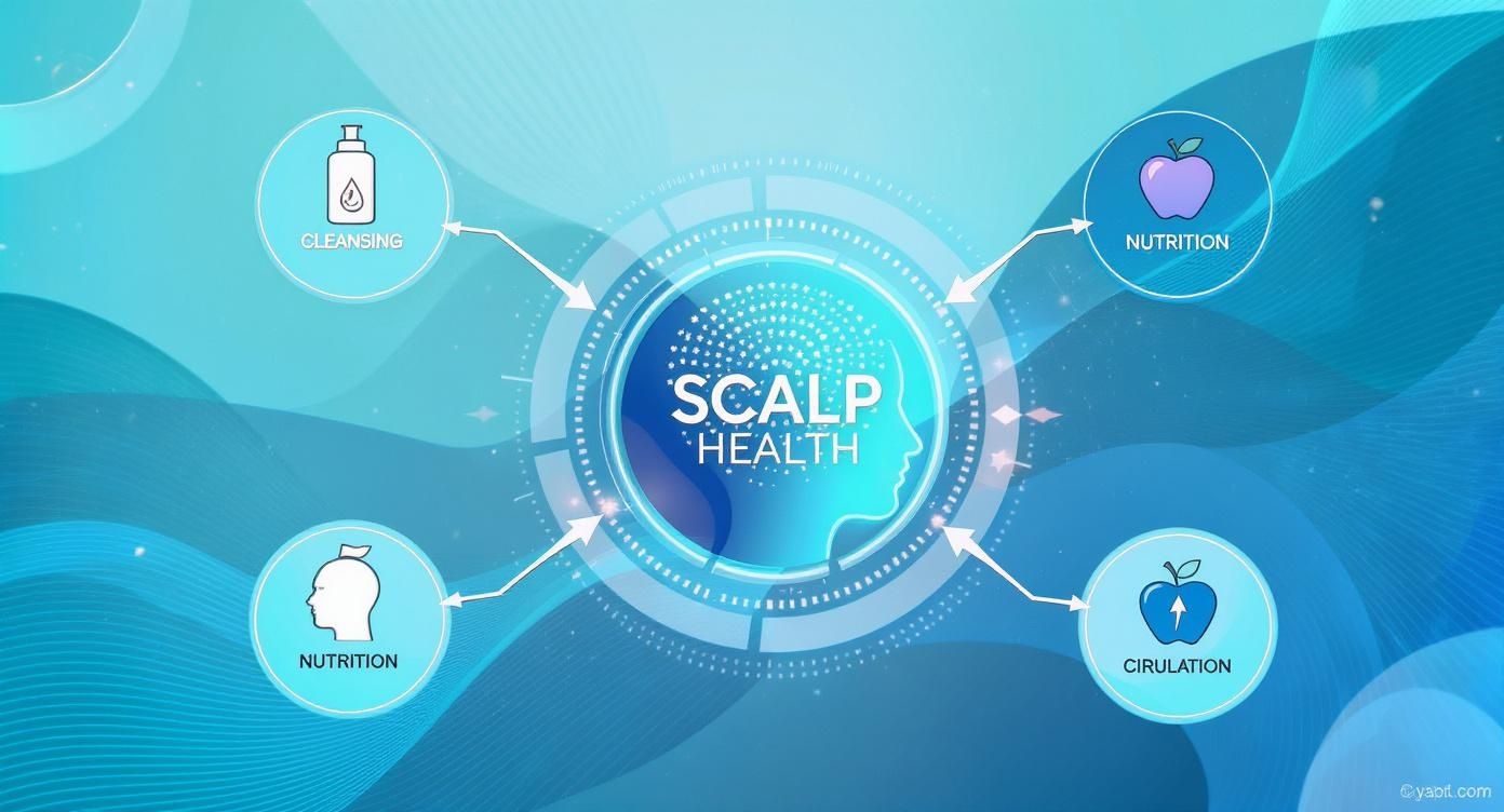 Diagram illustrating four key factors for scalp health: cleansing, nutrition, and circulation.