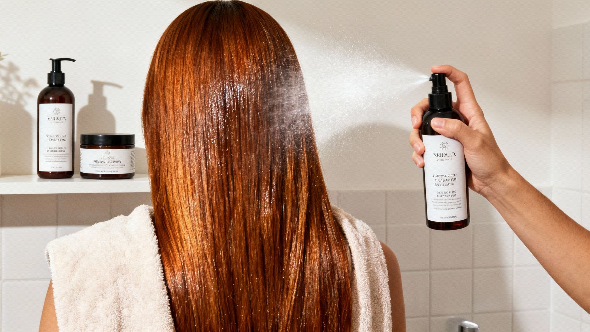 Person spraying a hair treatment onto long, reddish-brown hair, with other products on a shelf.