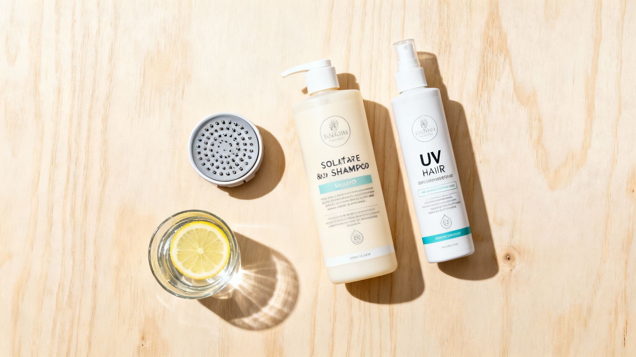 Two hair care products (shampoo and UV spray) with a shower head and lemon water on wood.
