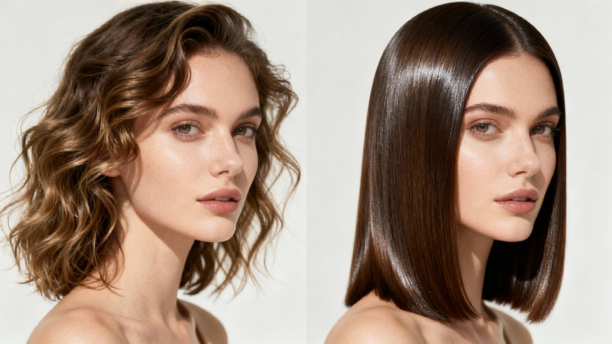 A woman showcases shoulder-length hair, comparing curly, natural texture to sleek, straight, shiny hair.