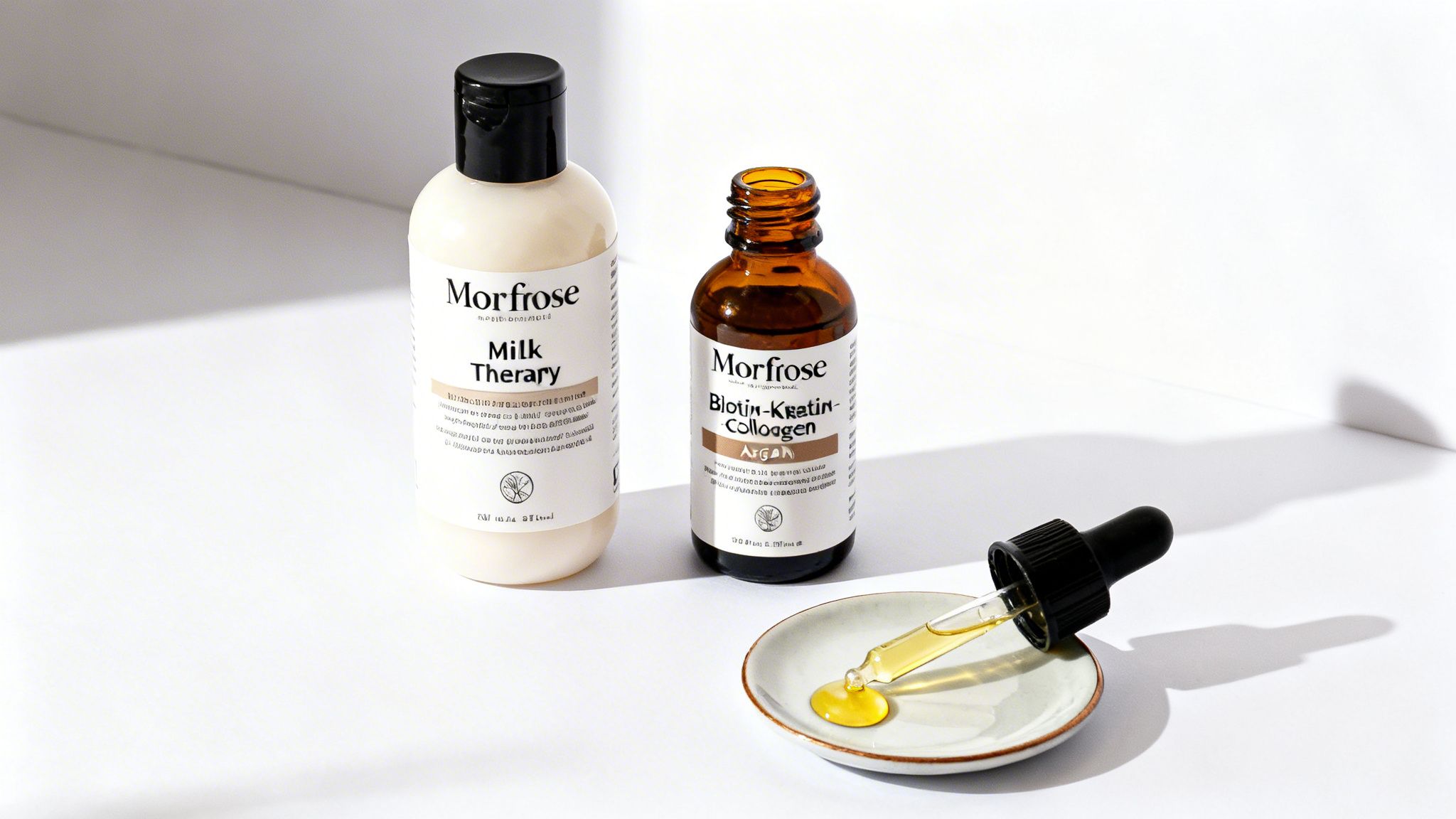 Two Morfose hair care products, Milk Therapy and Biotin-Keratin-Collagen, with oil and a dropper.
