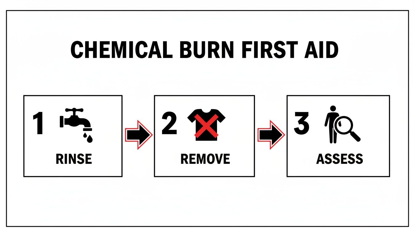 A chemical burn first aid guide showing three steps: rinse, remove, and assess.