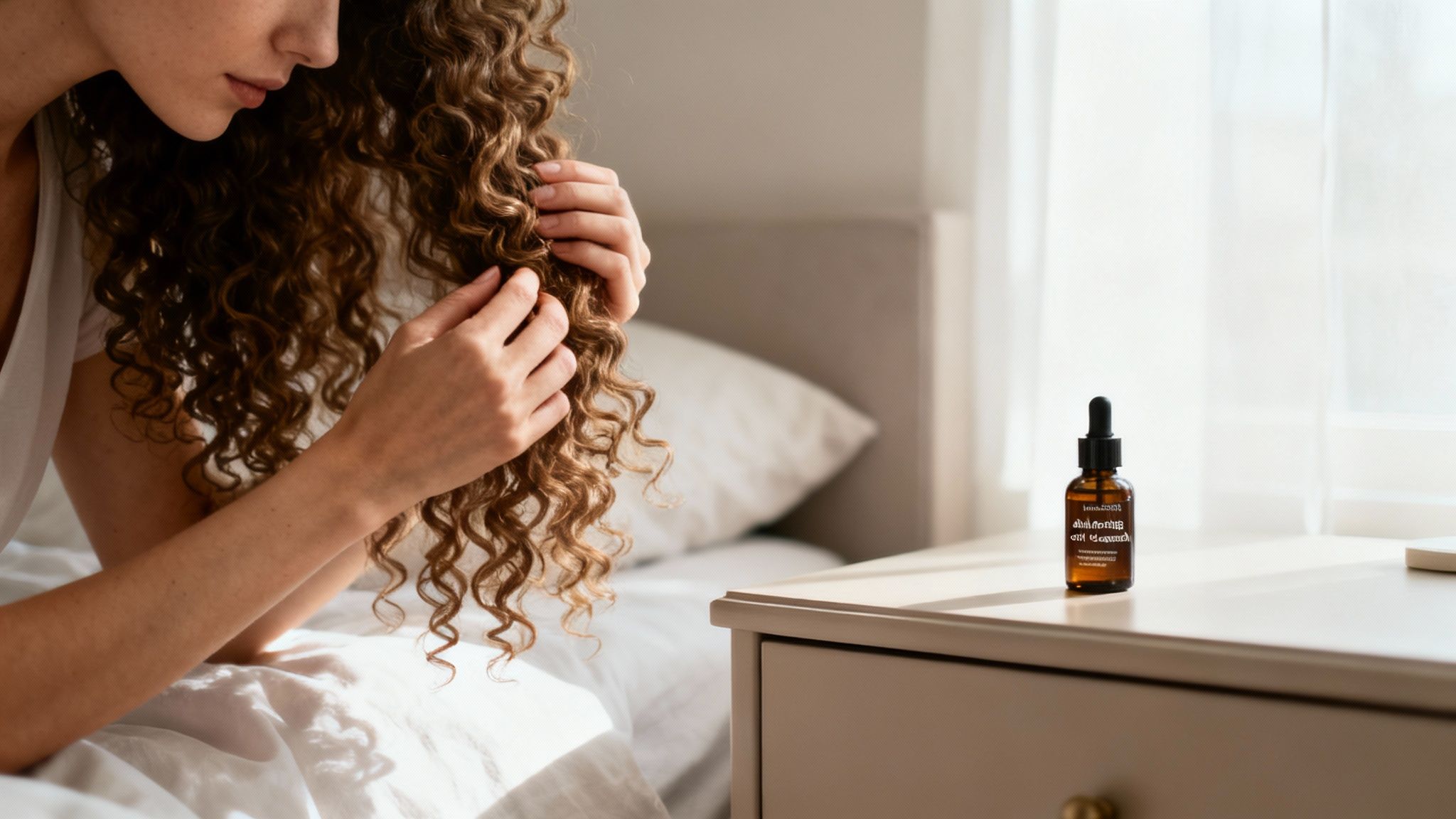 Close-up of a woman touching her long, curly brown hair with a dropper bottle of hair oil on a nightstand.