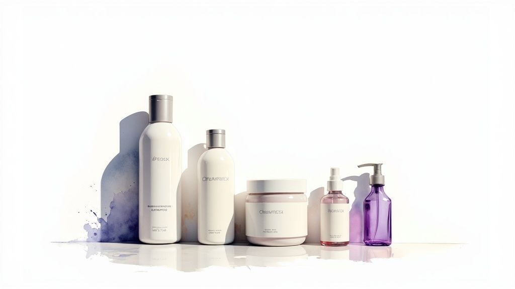 A woman holding a bottle of color-safe shampoo and a hair mask, with healthy, toned blonde hair in the background.