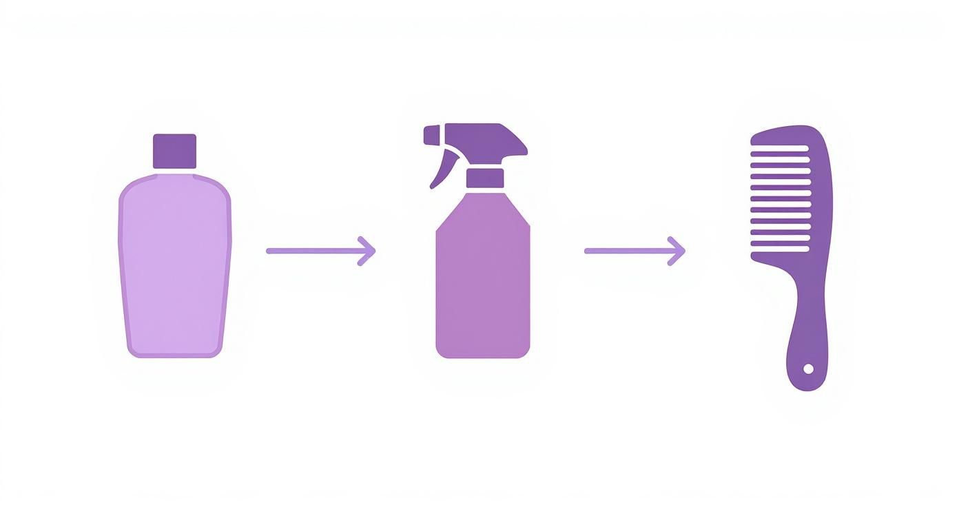Hair care routine showing shampoo bottle, detangling spray, and wide-tooth comb in sequence