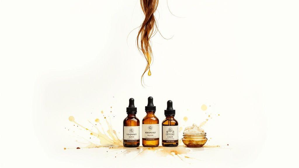 Golden oil drips from a brown hair strand above three bottles and a cream jar for hair care.