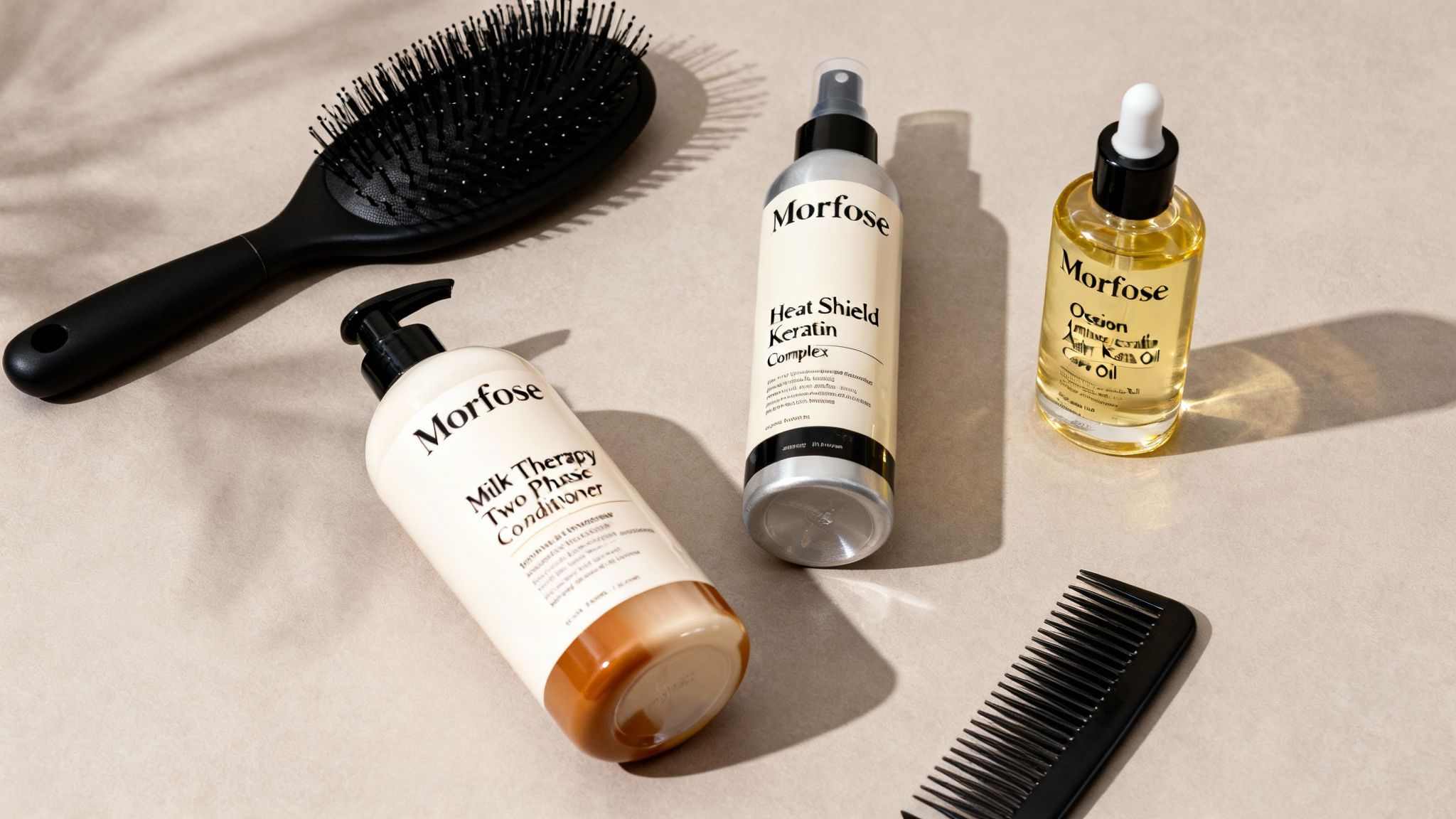 A flat lay of Morfose hair care products including conditioner, heat shield spray, argan oil, and a hairbrush and comb.