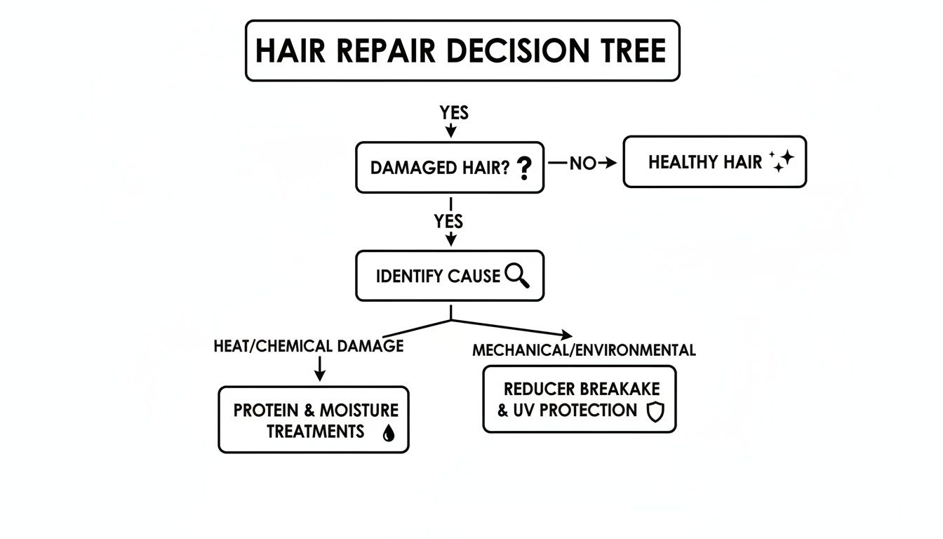 Flowchart showing a hair repair decision tree for damaged hair, identifying causes and recommending treatments.