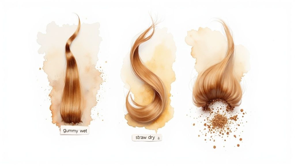 Close-up of damaged, frizzy hair ends.